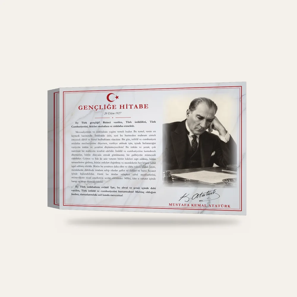Beyaz Mermer Zeminli Masa Başında Atatürk Gençliğe Hitabe Makam Panosu — 3 boyutlu görünüm