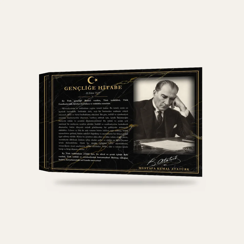 Siyah Mermer Zeminli Masa Başında Atatürk Gençliğe Hitabe Makam Panosu — 3 boyutlu görünüm