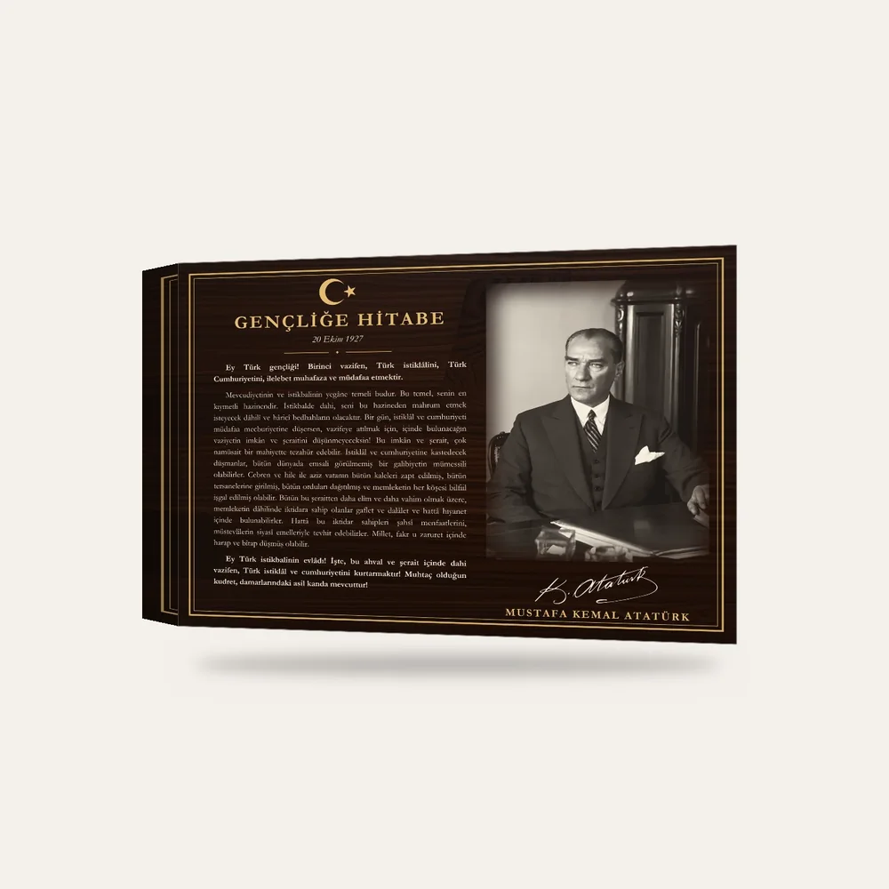 Ceviz Zeminli Çalışma Masasında Atatürk Gençliğe Hitabe Makam Panosu — 3 boyutlu görünüm