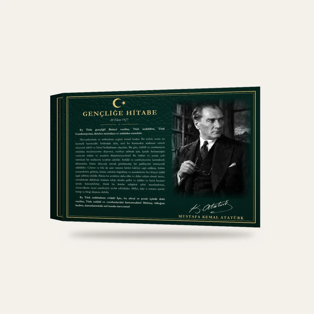 Yeşil Deri Zeminli Kütüphanede Atatürk Gençliğe Hitabe Makam Panosu — 3 boyutlu görünüm