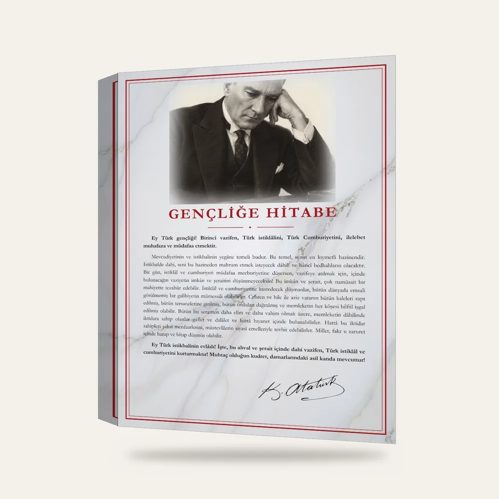 Beyaz Mermer Zeminli Masa Başında Atatürk Gençliğe Hitabe Panosu — 3 boyutlu görünüm