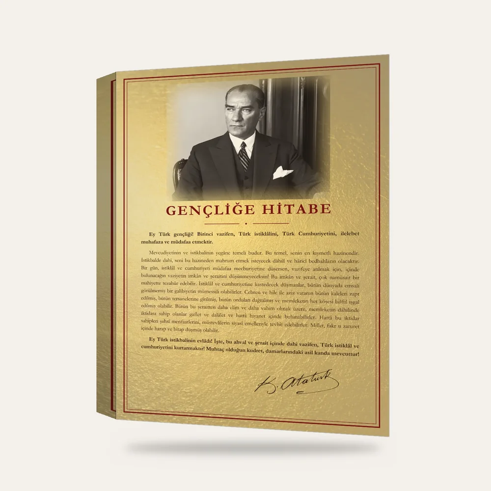 Altın Varak Zeminli Çalışma Masasında Atatürk Gençliğe Hitabe Panosu — 3 boyutlu görünüm