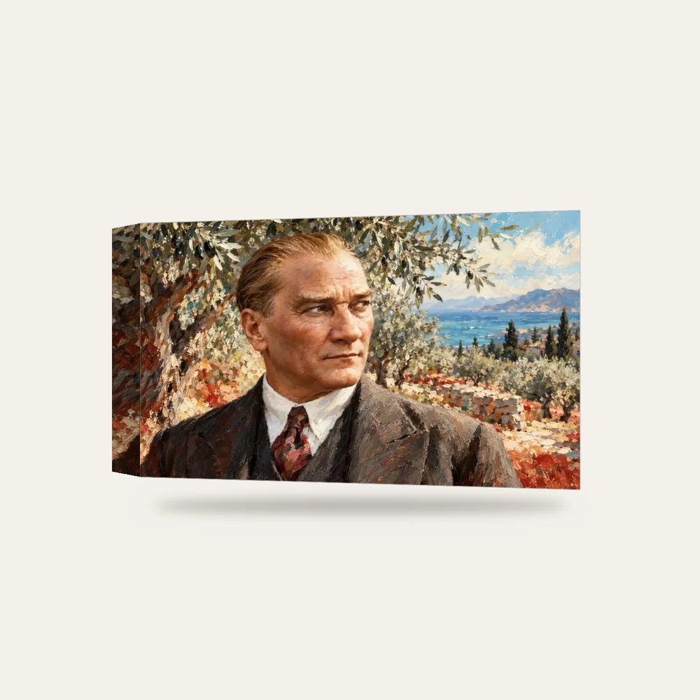 Atatürk Zeytin Ağaçları Önünde Yakın Portre Kanvas Tablo — 3 boyutlu görünüm