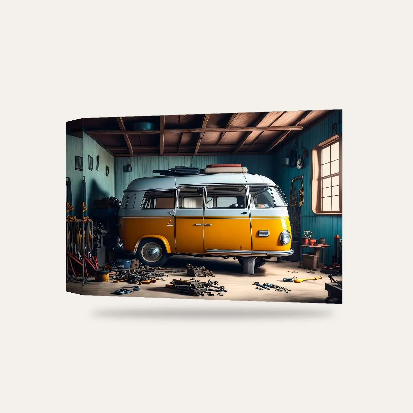 Atölyede Sarı Retro Minibüs Kanvas Tablo — 3 boyutlu görünüm