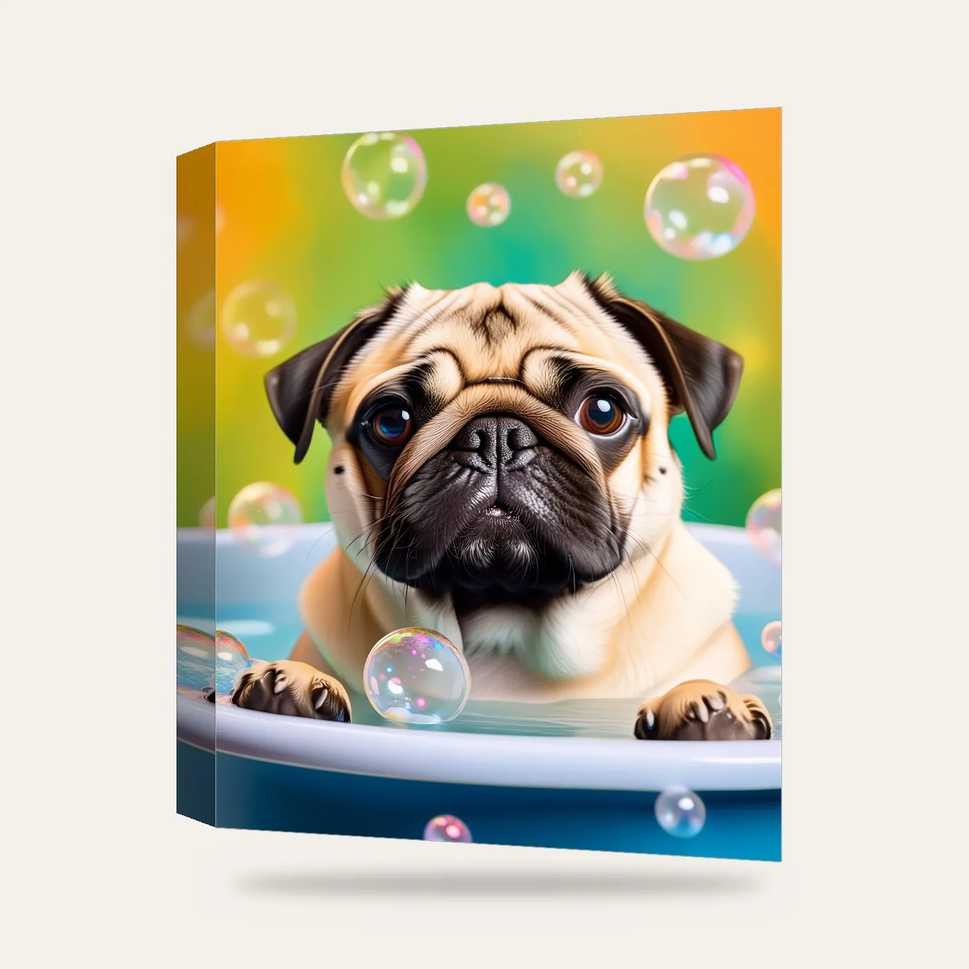 Banyoda Köpüklü Pug Kanvas Tablo — 3 boyutlu görünüm