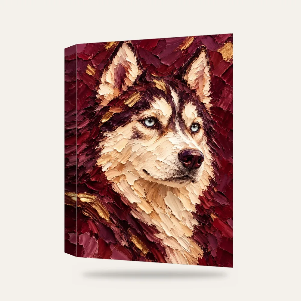 Bordo Zeminde Husky Portresi Kanvas Tablo — 3 boyutlu görünüm