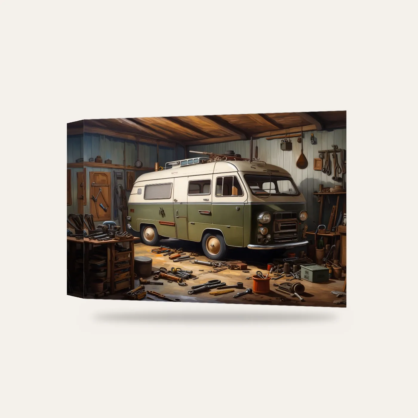 Garajda Retro Minibüs Kanvas Tablo — 3 boyutlu görünüm