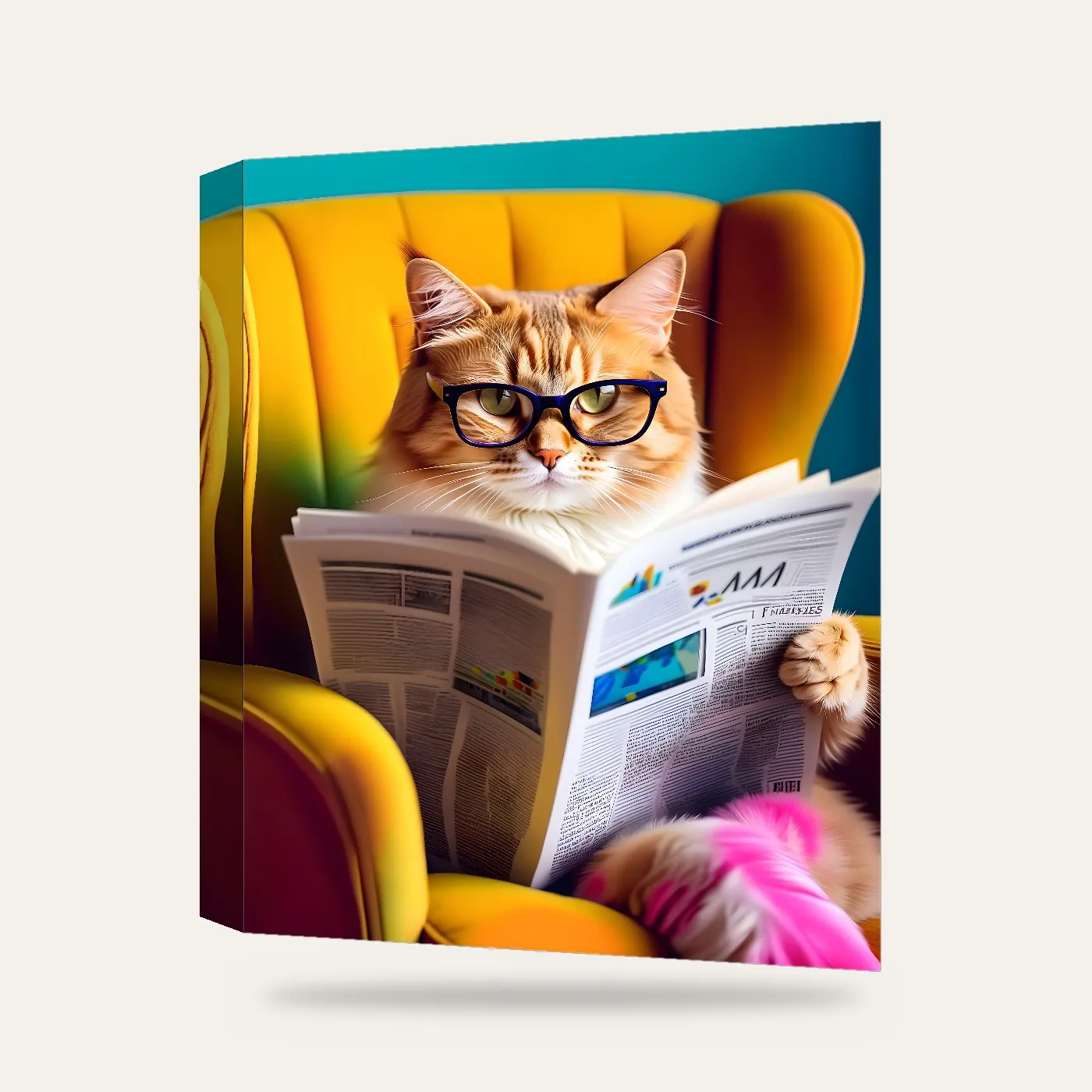 Gözlüklü Gazete Okuyan Kedi Kanvas Tablo — 3 boyutlu görünüm