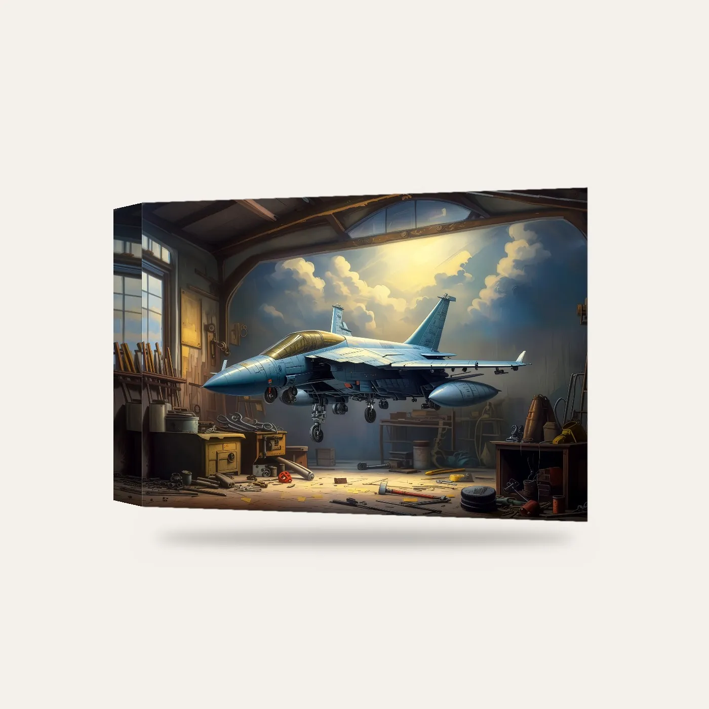 Hangarda Jet Uçağı Kanvas Tablo — 3 boyutlu görünüm