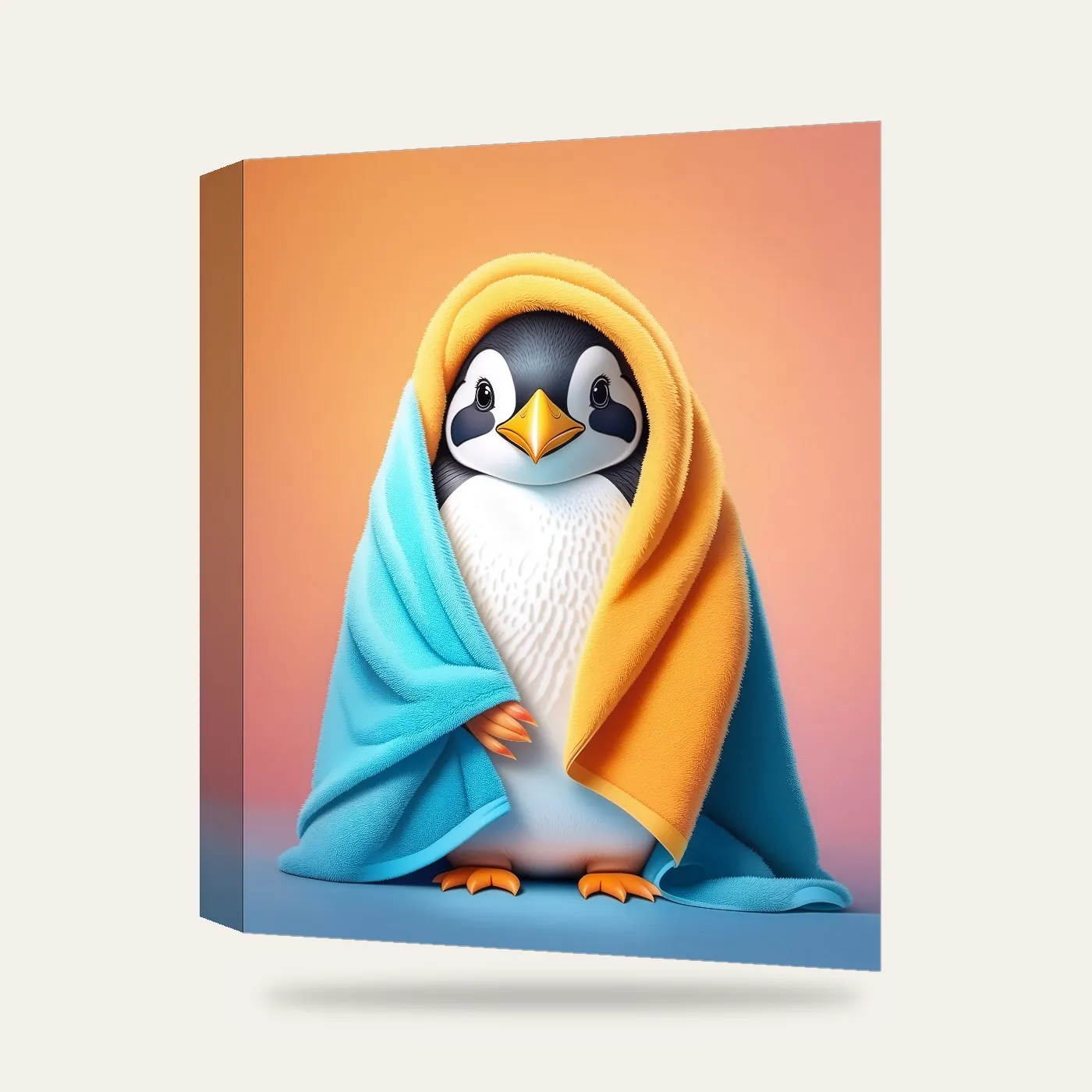 Havluya Sarılmış Penguen Kanvas Tablo — 3 boyutlu görünüm