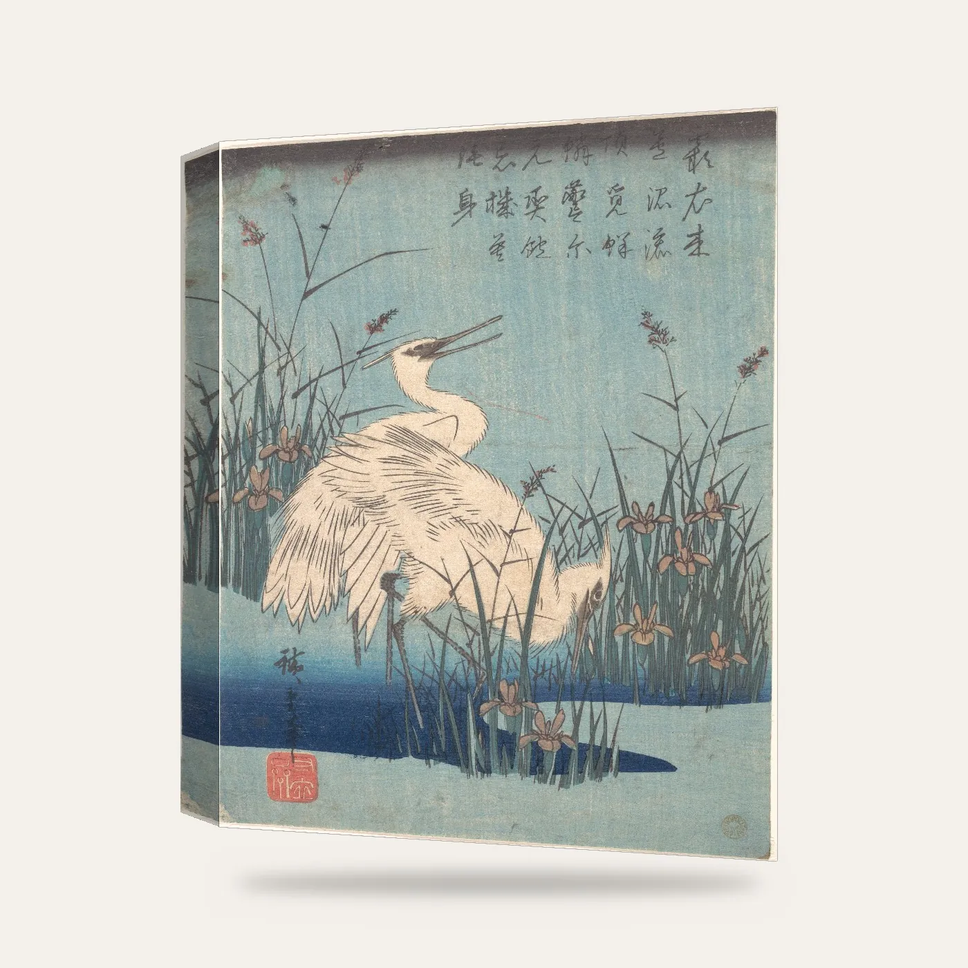 Hiroshige Süsenler Arasında Ak Balıkçıllar Kanvas Tablo — 3 boyutlu görünüm