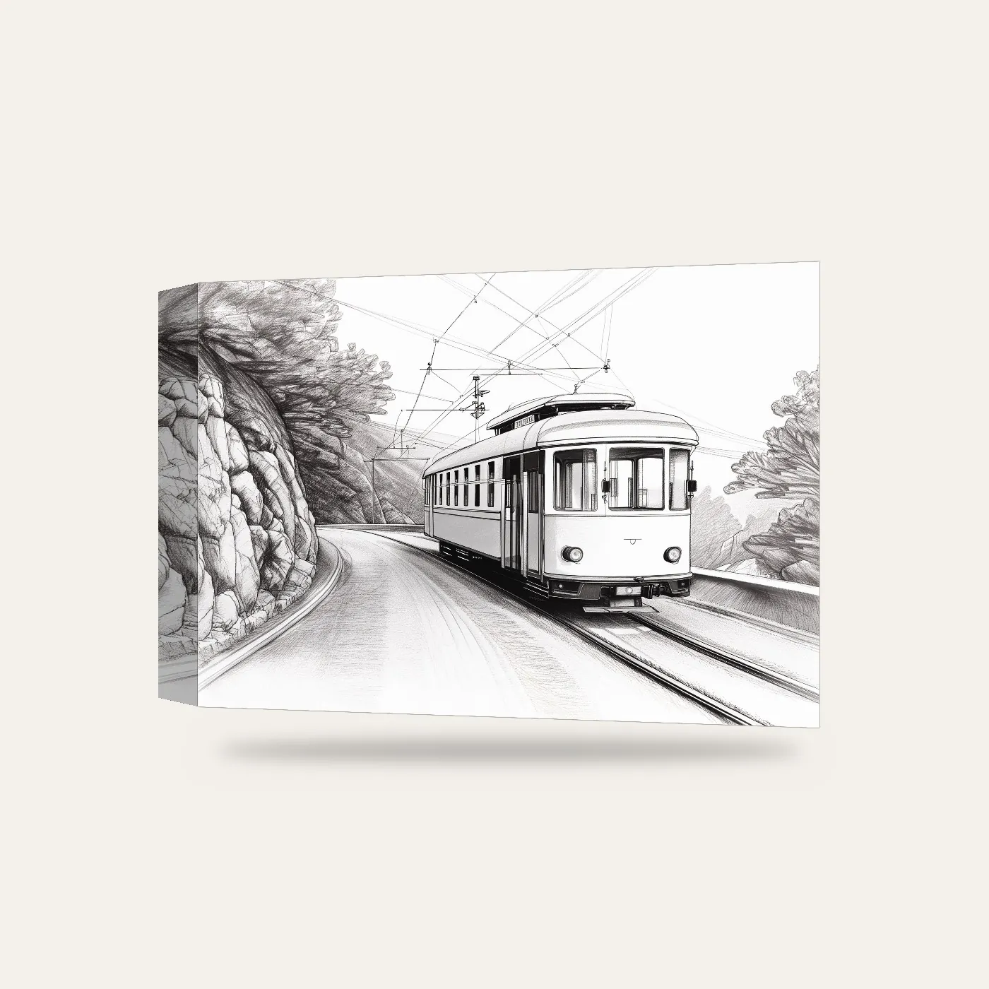 Karakalem Dağ Yolunda Tramvay Kanvas Tablo — 3 boyutlu görünüm
