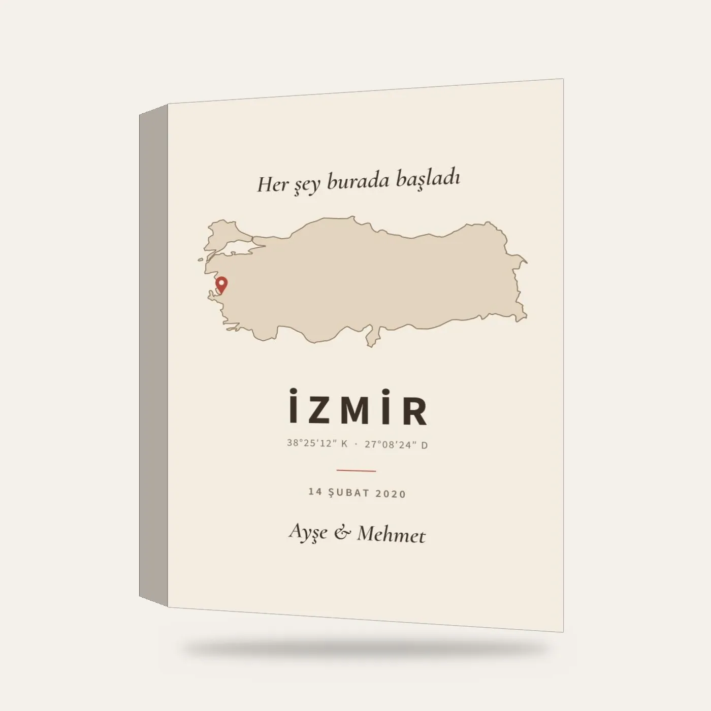Kişiye Özel Koordinat ve Şehir Kanvas Tablo — 3 boyutlu görünüm