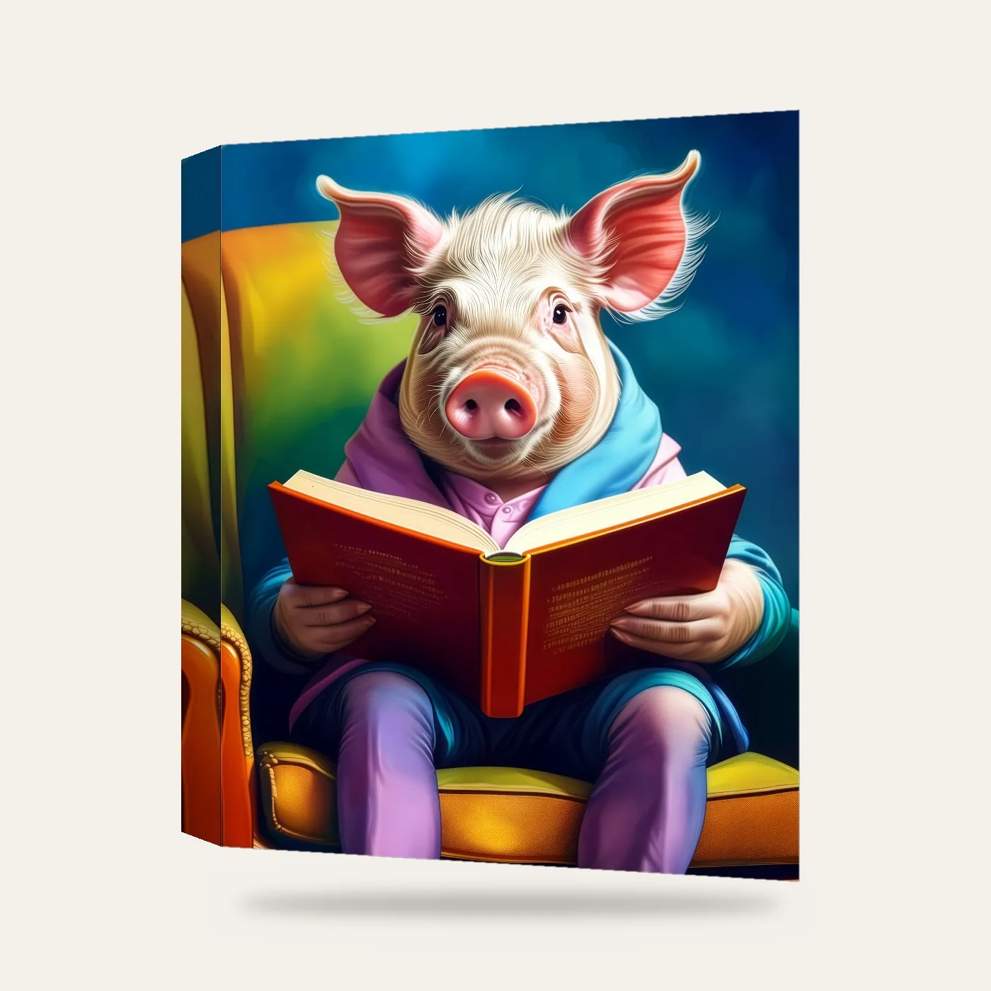 Kitap Okuyan Domuz Kanvas Tablo — 3 boyutlu görünüm