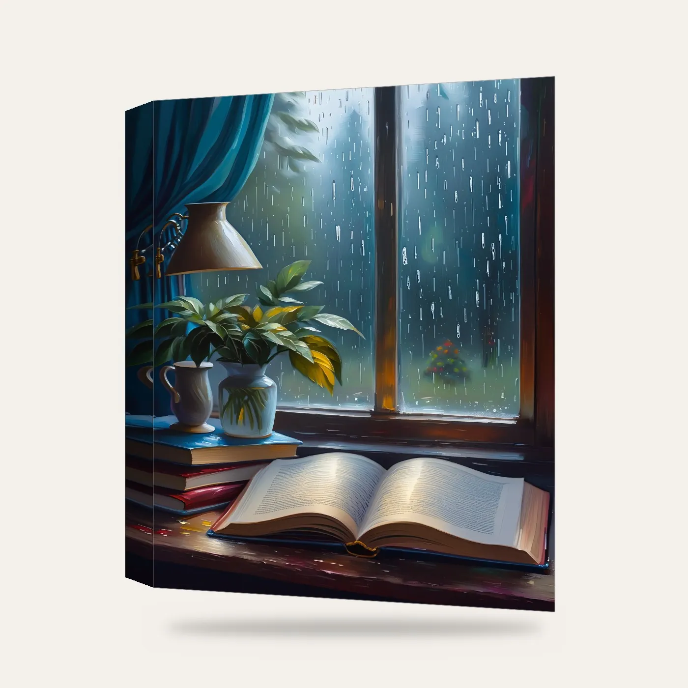 Kitap ve Yağmur Kanvas Tablo — 3 boyutlu görünüm