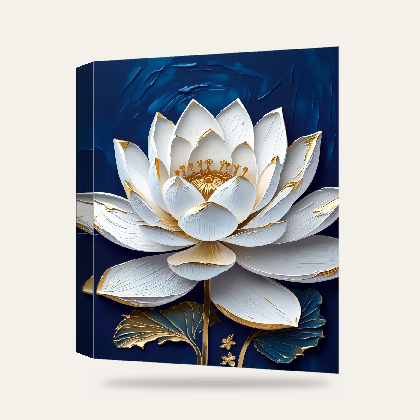Lacivert Kabartma Görünümlü Lotus Kanvas Tablo — 3 boyutlu görünüm
