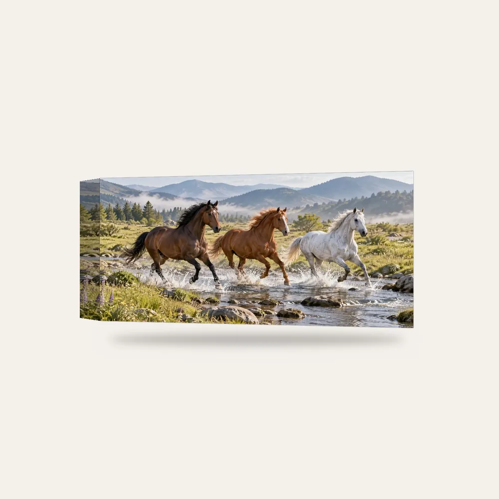 Nehirde Koşan Üç At Kanvas Tablo — 3 boyutlu görünüm