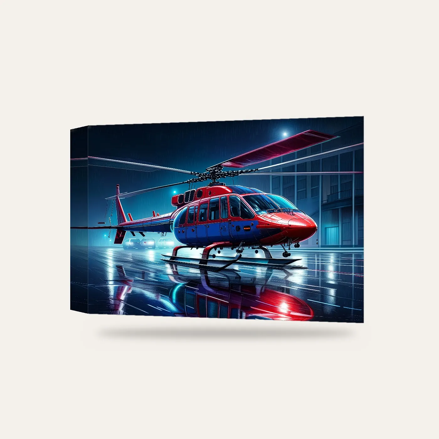 Neon Işıklı Gecede Helikopter Kanvas Tablo — 3 boyutlu görünüm