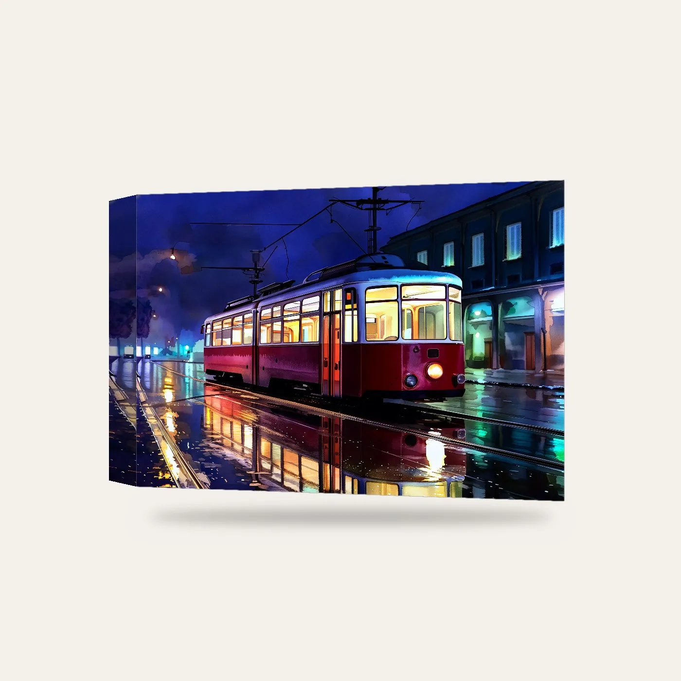 Neon Işıklı Yağmurlu Şehirde Tramvay Kanvas Tablo — 3 boyutlu görünüm