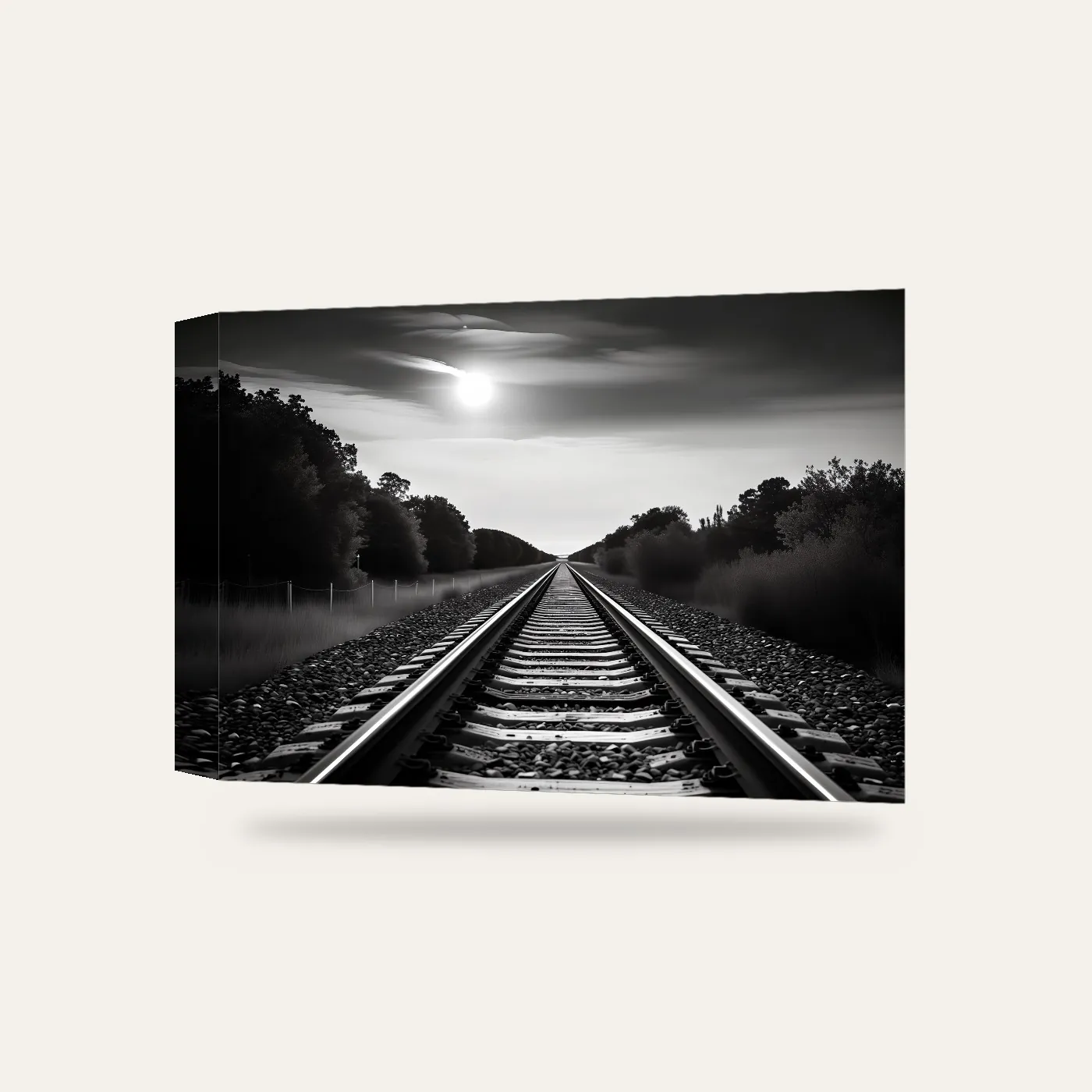 Siyah Beyaz Tren Rayları Kanvas Tablo — 3 boyutlu görünüm