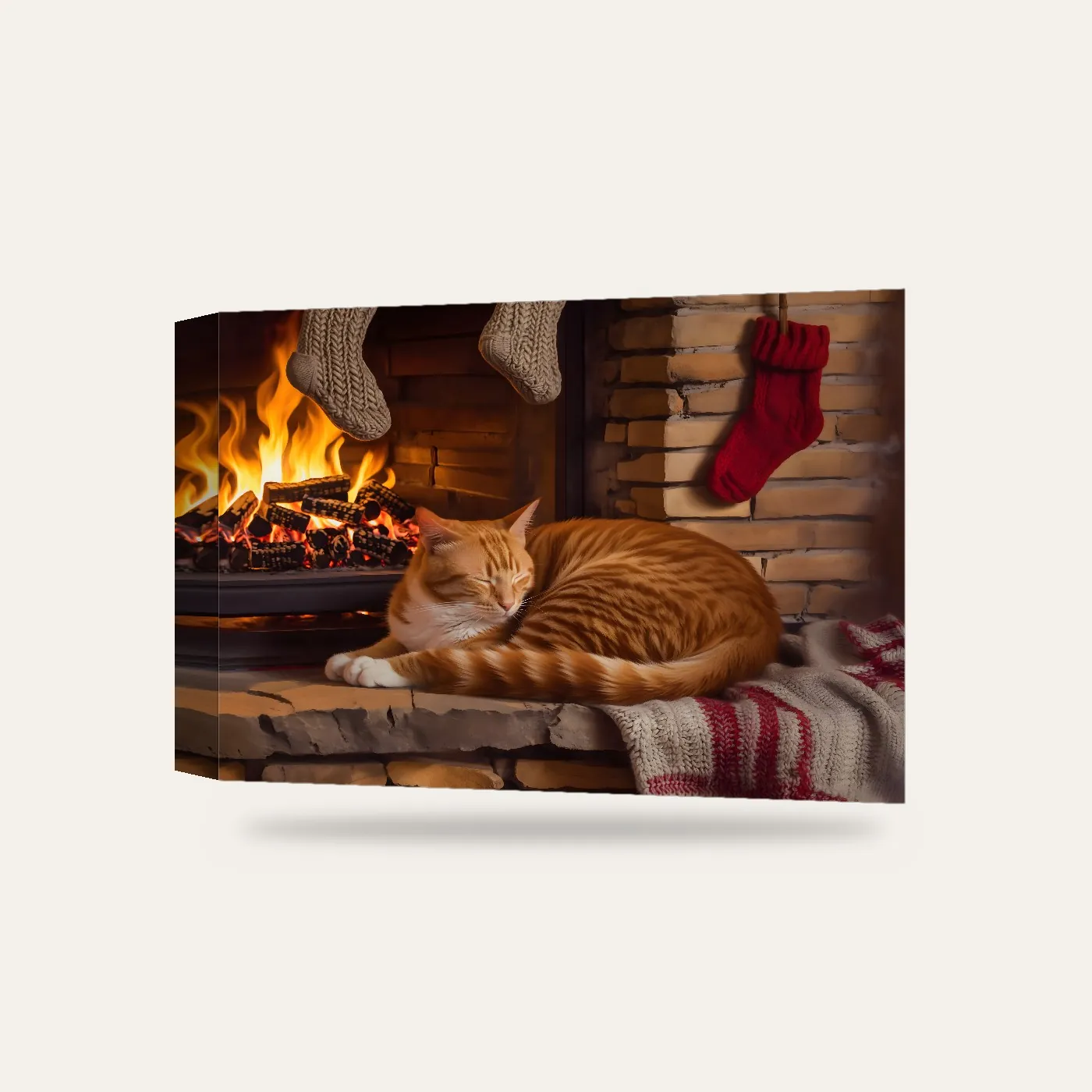 Şömine Başında Uyuyan Kedi Kanvas Tablo — 3 boyutlu görünüm