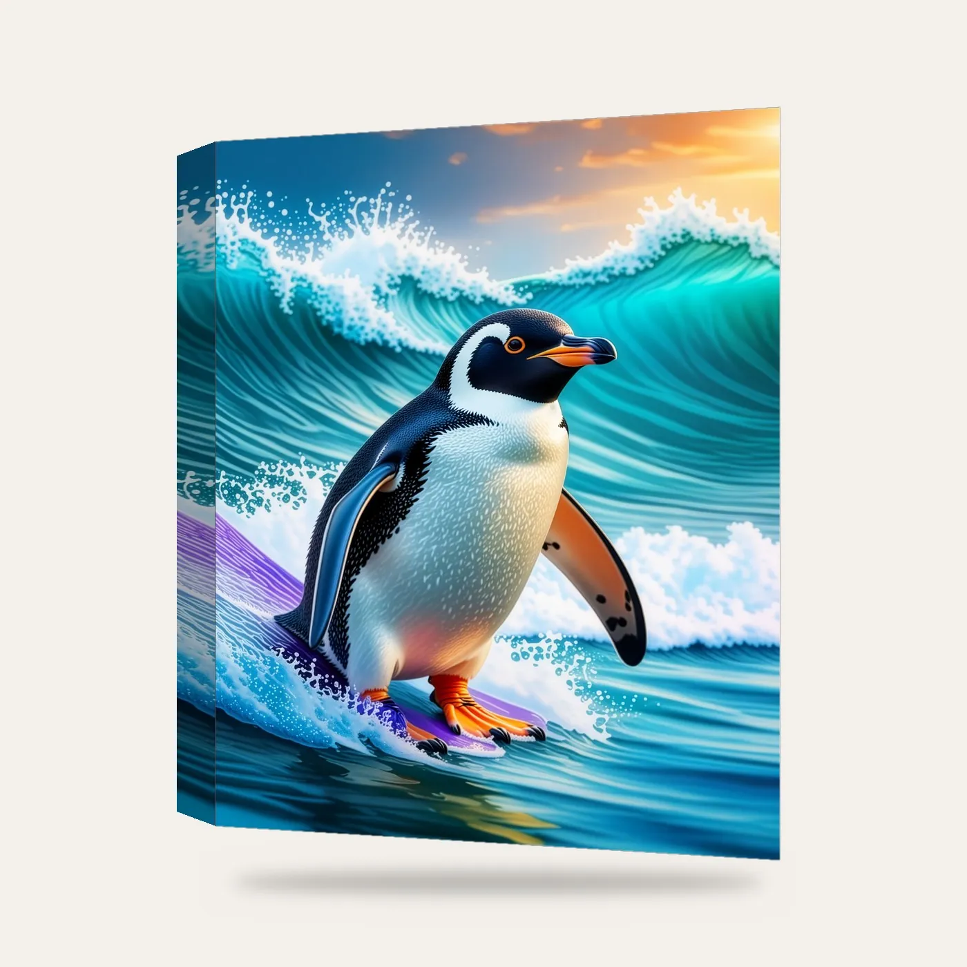 Sörf Yapan Penguen Kanvas Tablo — 3 boyutlu görünüm