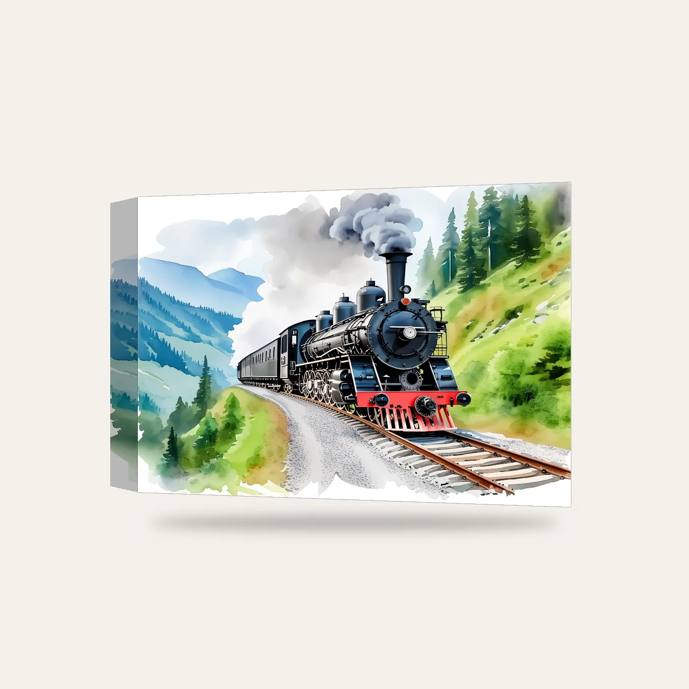 Suluboya Dağ Yolunda Buharlı Tren Kanvas Tablo — 3 boyutlu görünüm