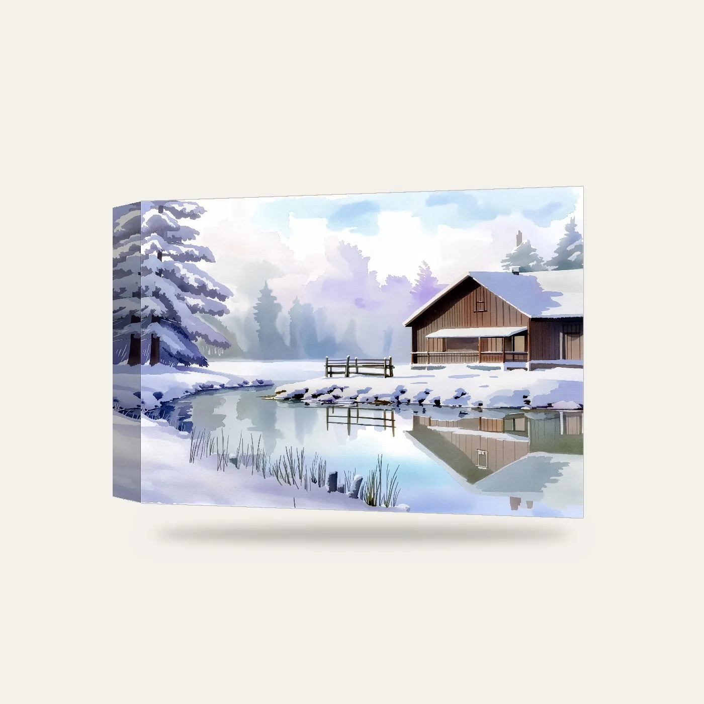Suluboya Karlı Göl Evi Kanvas Tablo — 3 boyutlu görünüm