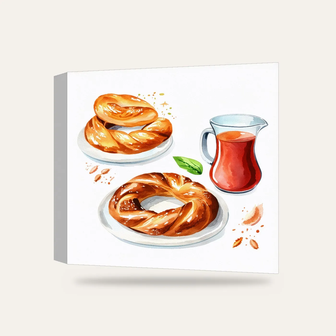 Suluboya Simit ve Çay Kanvas Tablo — 3 boyutlu görünüm