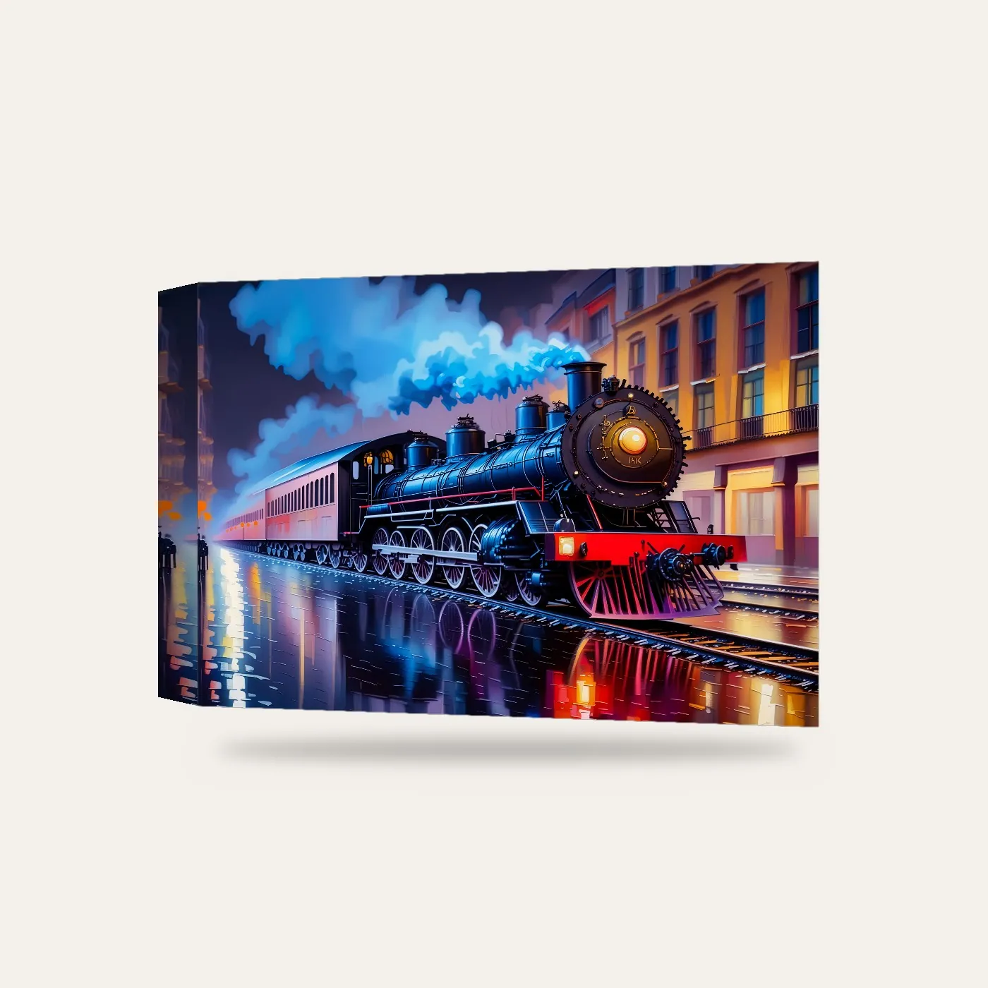 Yağmurlu Şehirde Buharlı Tren Kanvas Tablo — 3 boyutlu görünüm