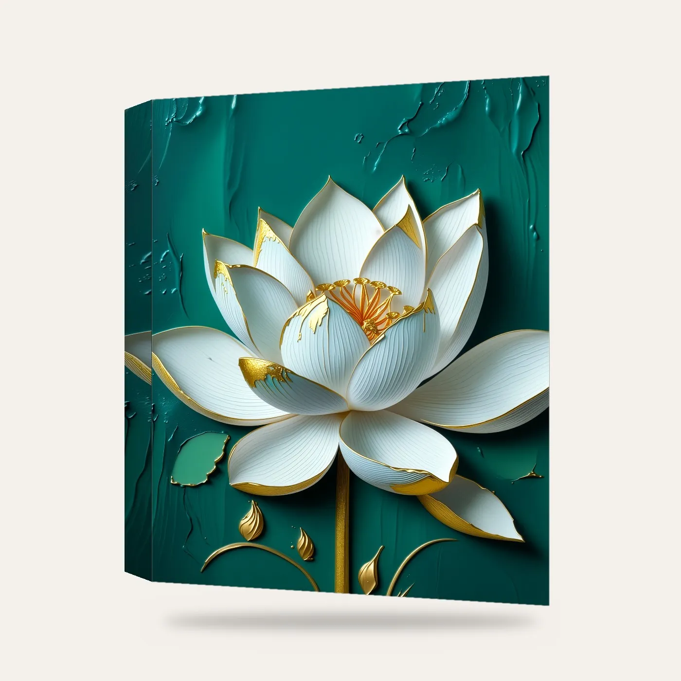 Zümrüt Kabartma Görünümlü Lotus Kanvas Tablo — 3 boyutlu görünüm